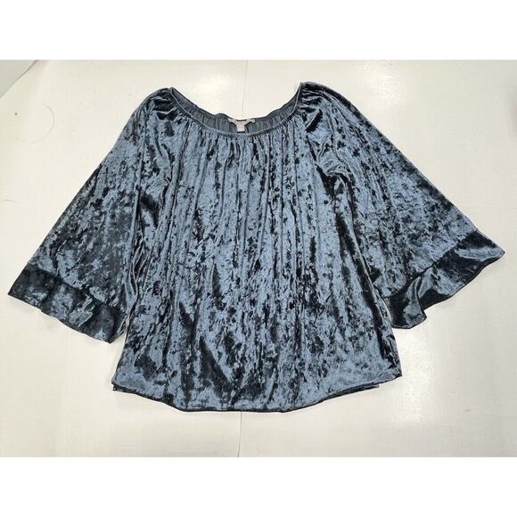 Valerie Stevens Women's 2X Blue Crushed Velvet Bell Sleeve Top Boho Hippie - Picture 1 of 10